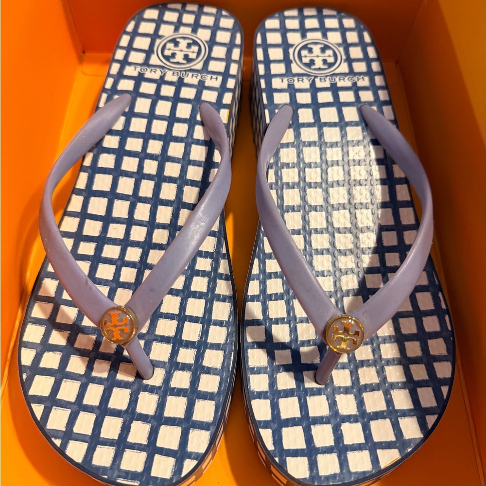 Tory Burch Navy and Cream Checkered platform Sandals